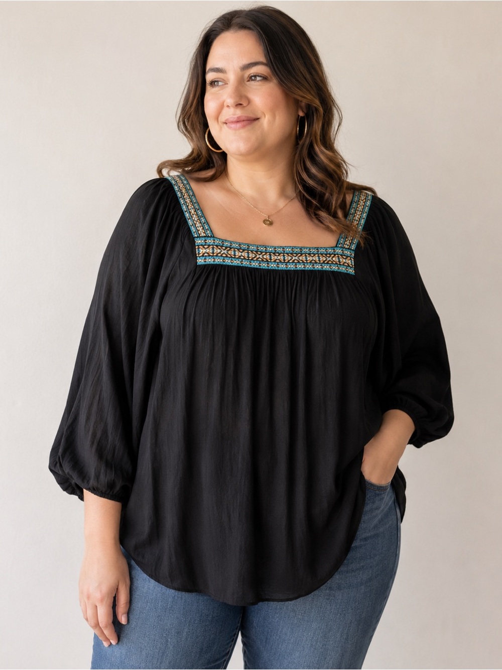YA Los Angeles Women’s Black Embroidered Boho Western Blouse Size Large
